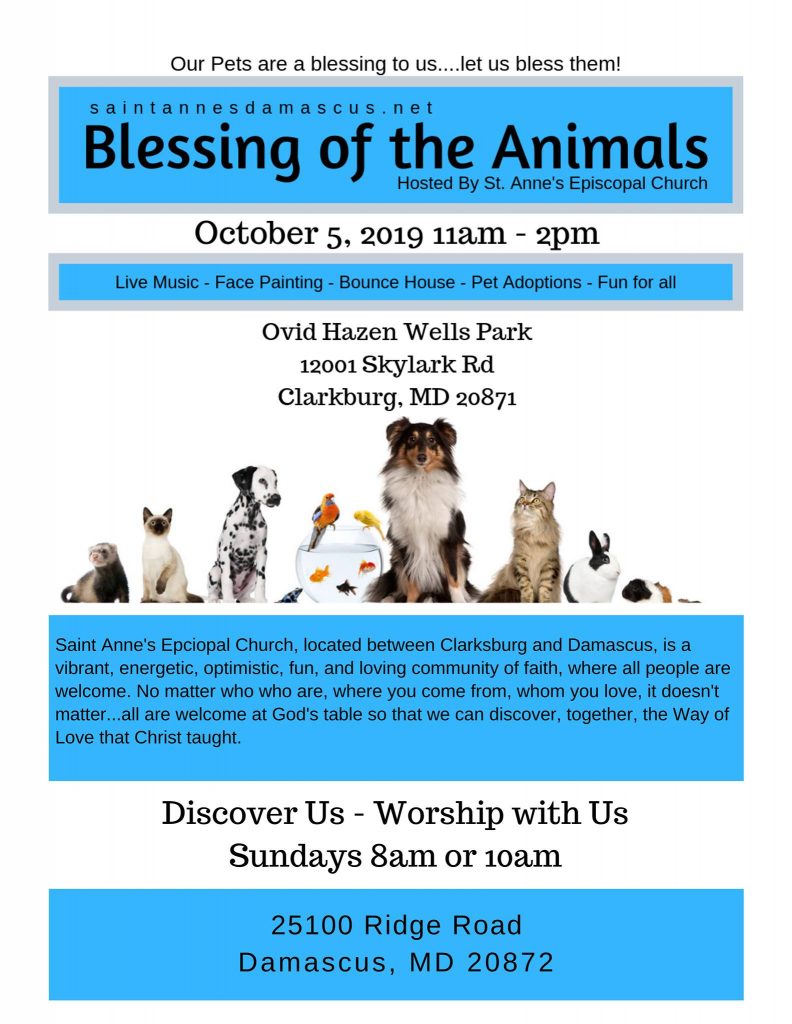 Poster for Blessing of the Animals at St. Anne's Episcopal Church, Damascus, MD, on Oct. 5, 2019